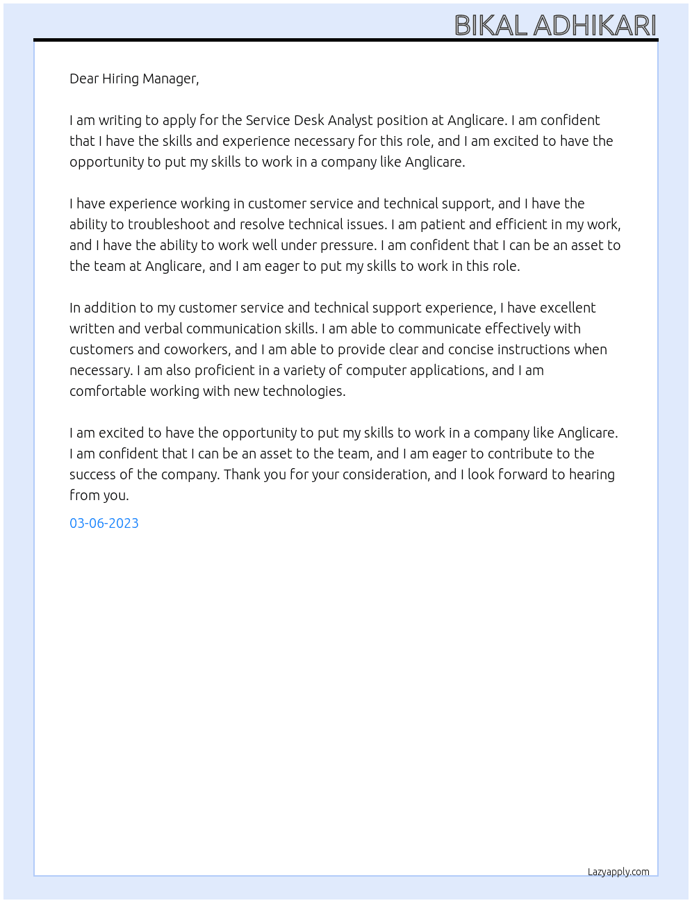 service desk analyst At Anglicare Cover Letter