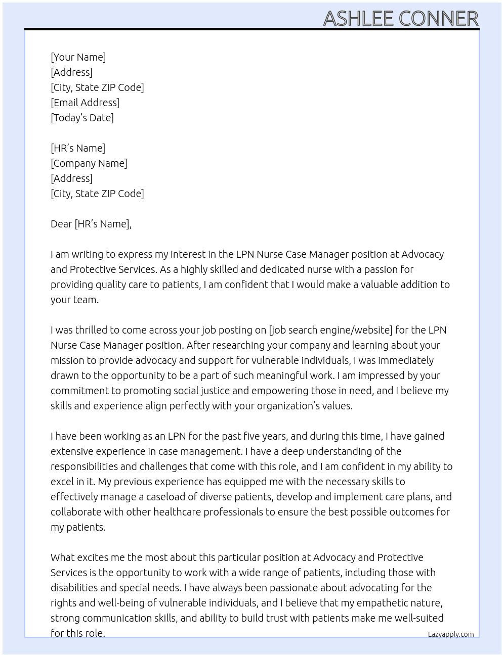 LPN Nurse Case Manager At Advocacy and Protective Services Cover Letter