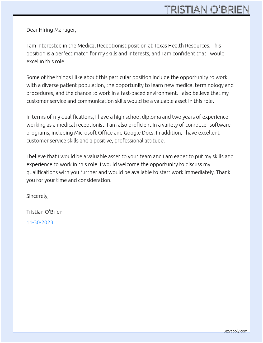 Medical Receptionist At Texas Health Resources Cover Letter
