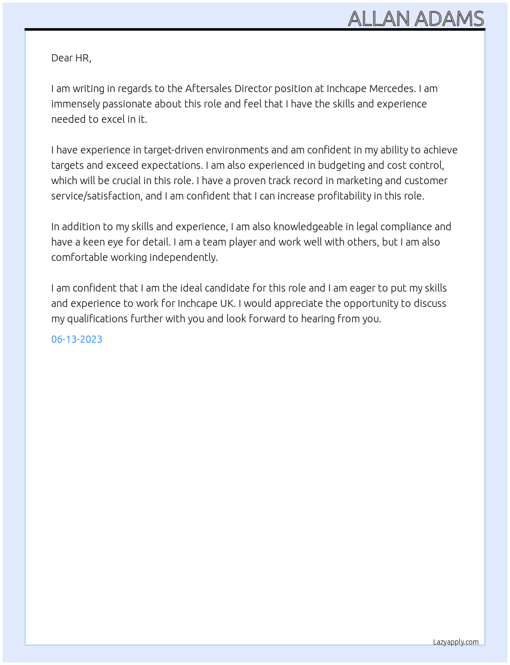 Inchcape Mercedes – Aftersales Director At Inchcape UK Cover Letter