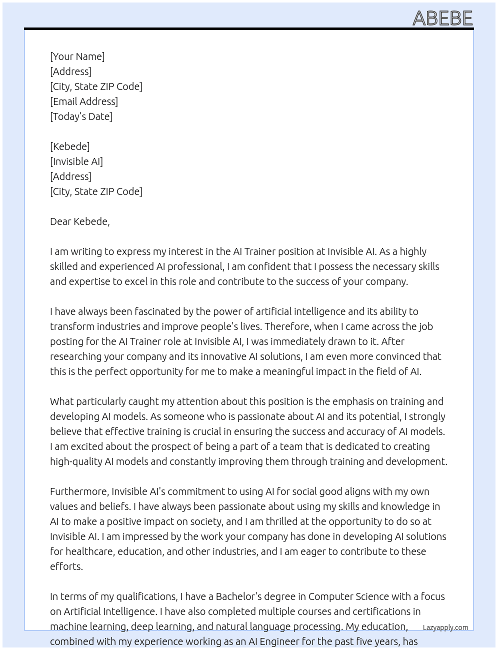 AI Trainer  At invisible AI Cover Letter