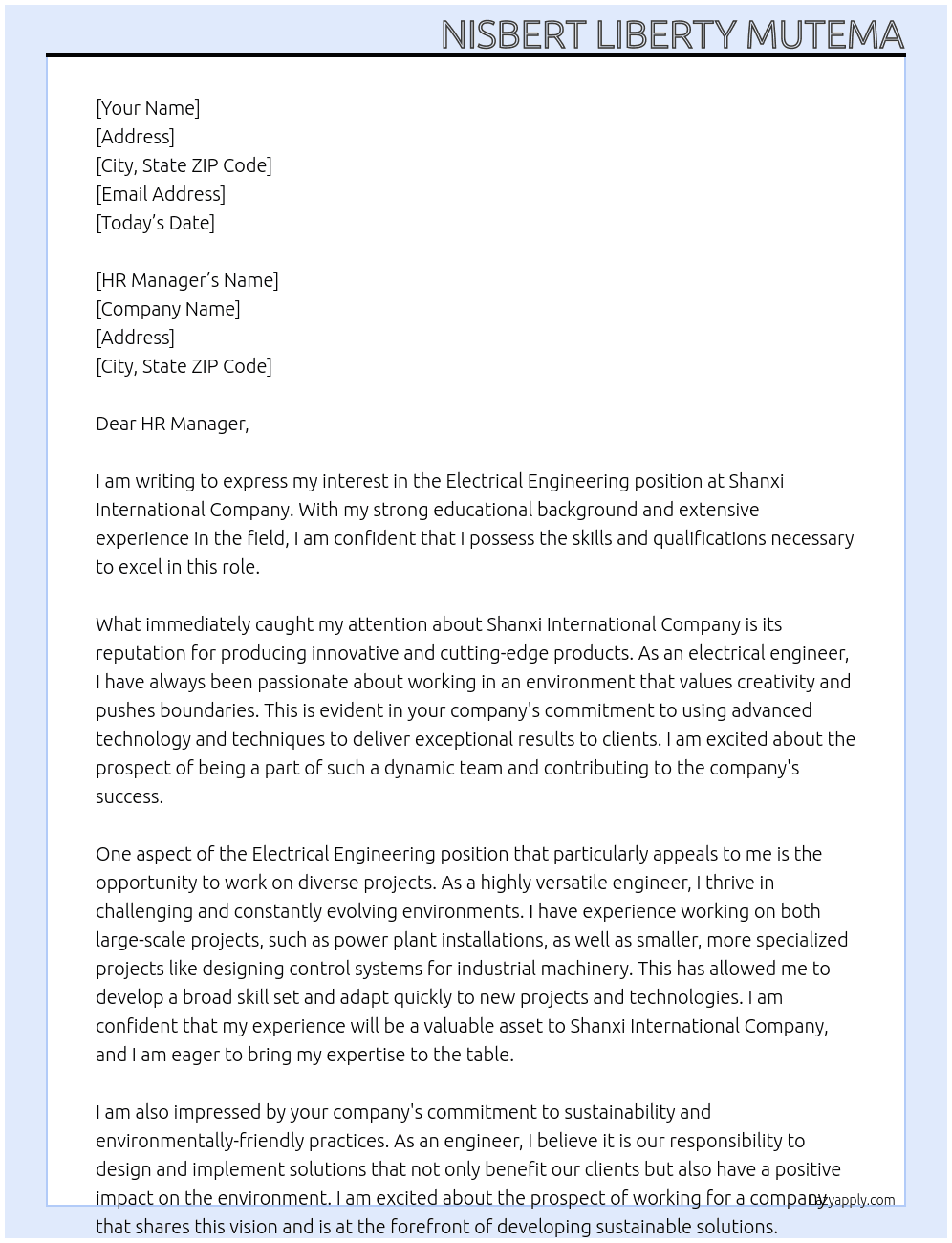 electrical engineering At Shanxi International Company  Cover Letter
