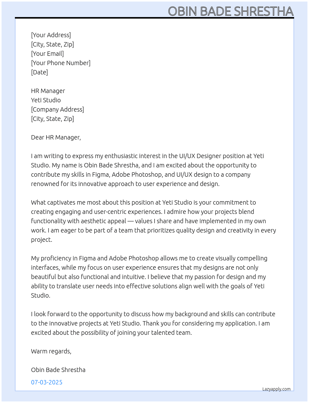 UI/UX Designer At Yeti Studio Cover Letter