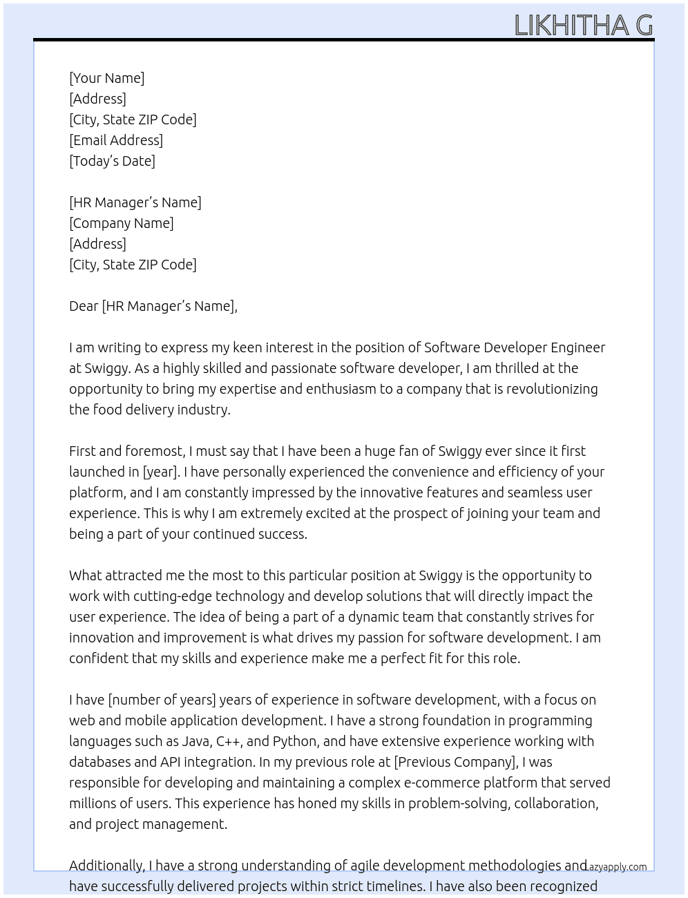Software Developer engineer  At Swiggy Cover Letter