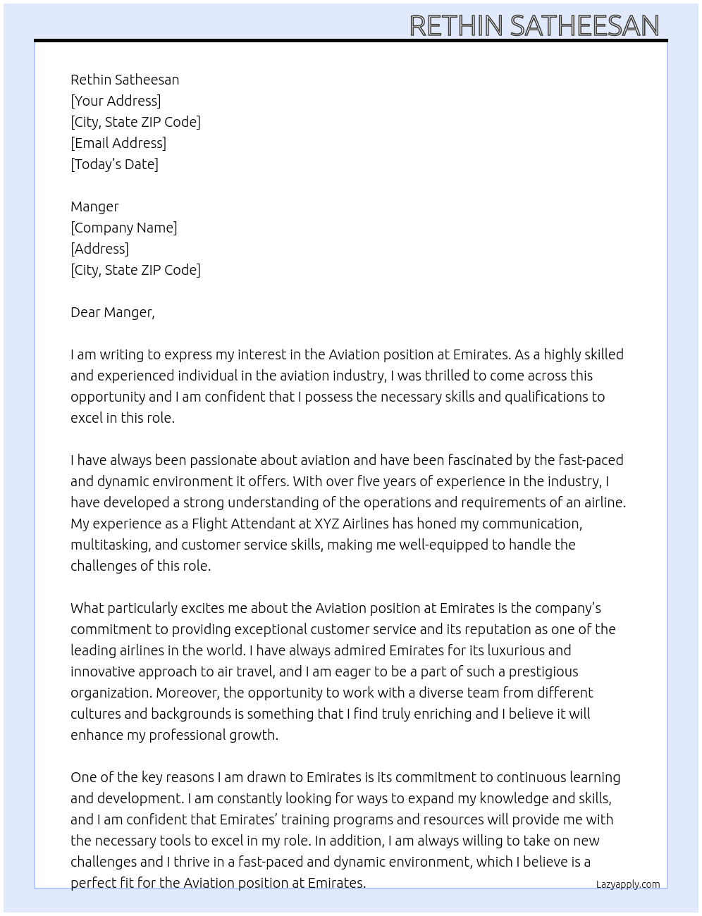 aviation At emirates Cover Letter