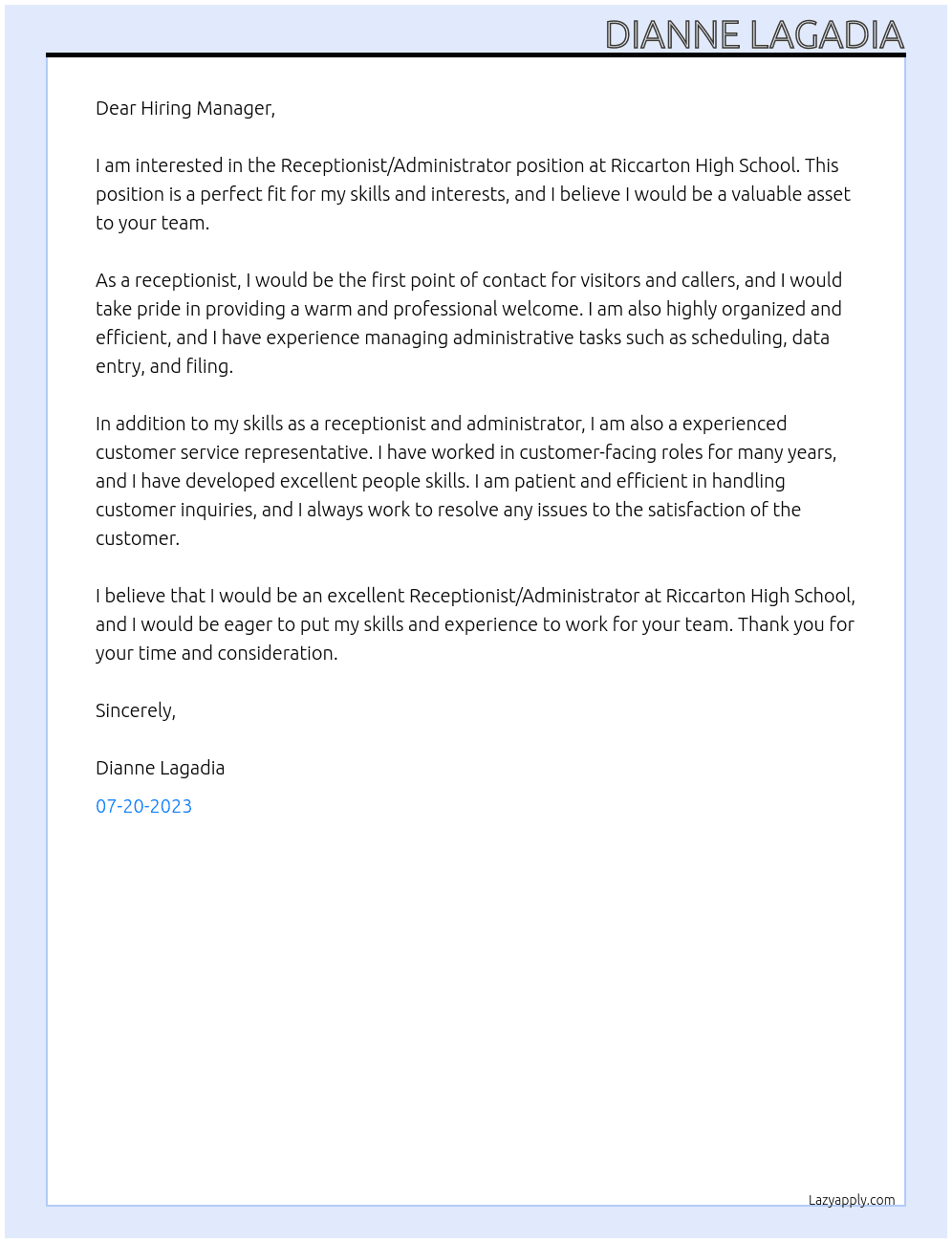 Receptionist/Administrator At Riccarton High School Cover Letter