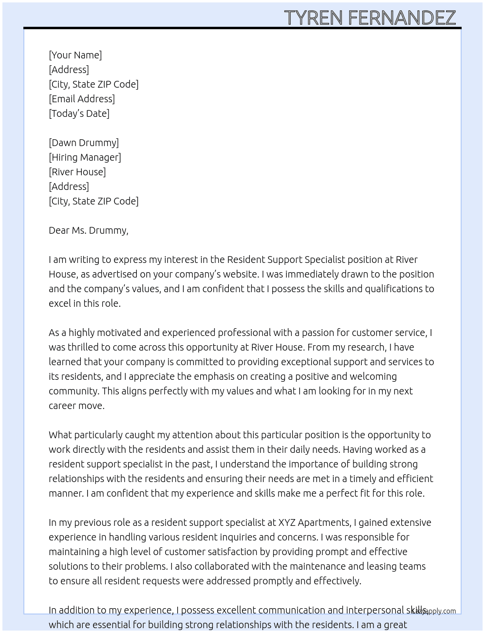 Resident Support Specialist  At River House Cover Letter