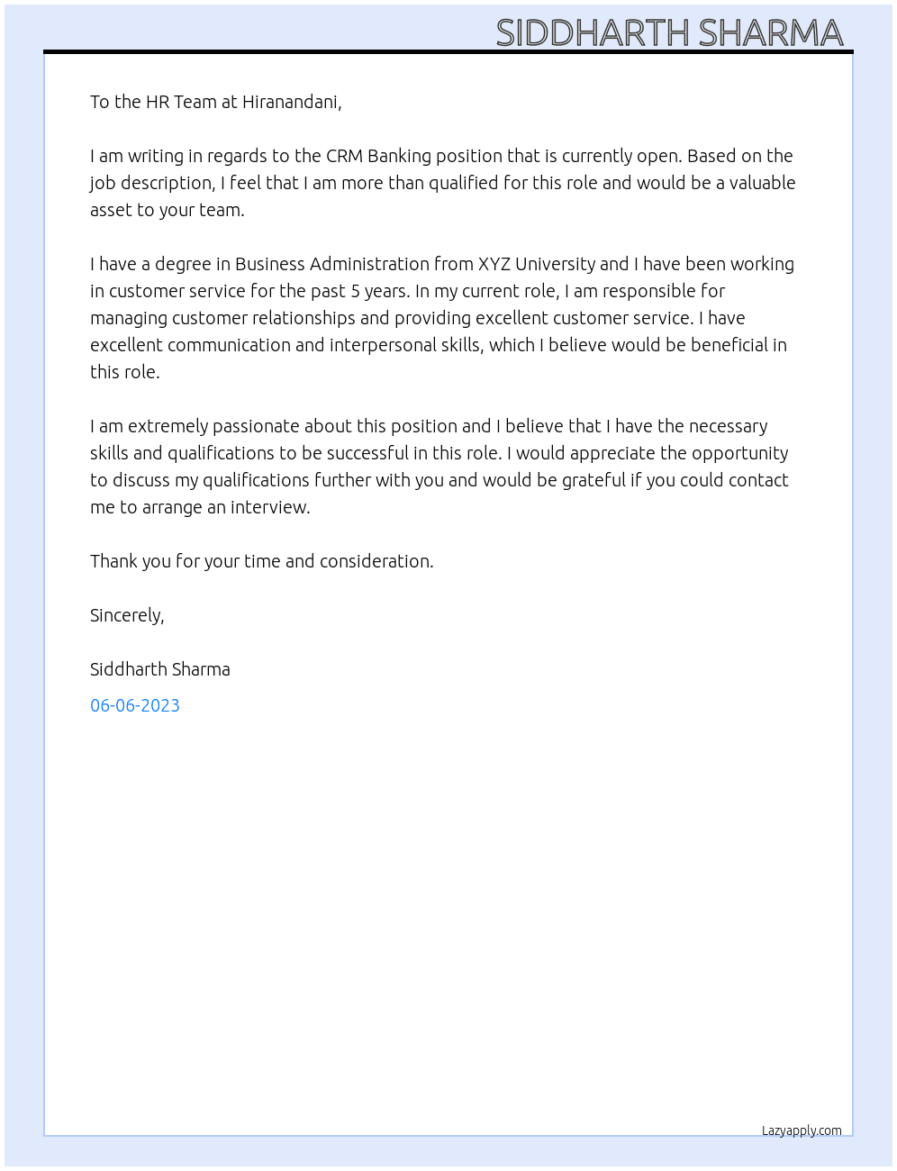 CRM Banking  At Hiranandani  Cover Letter