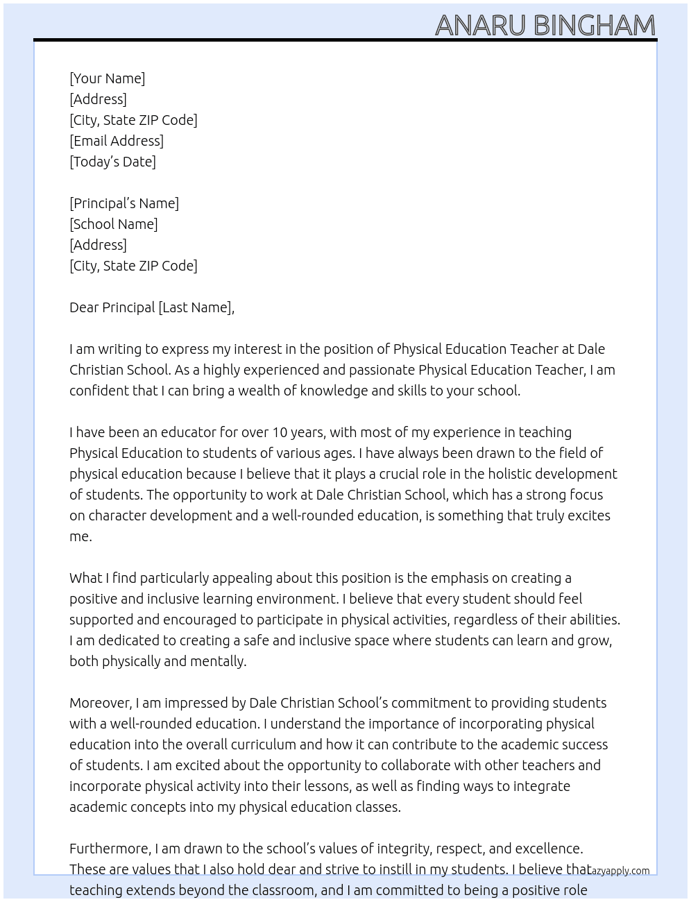 physical education teacher  At Dale Christian School Cover Letter