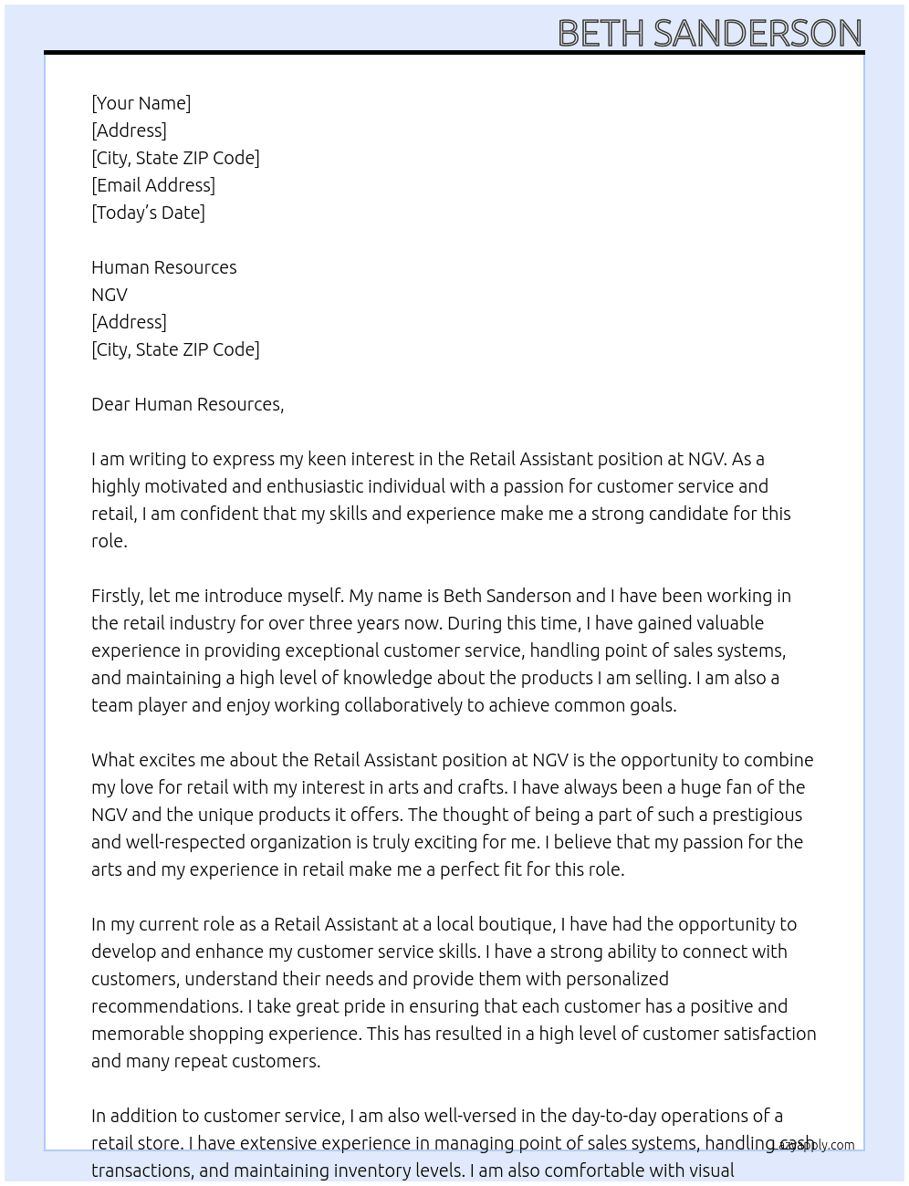 Retail assistant At NGV Cover Letter