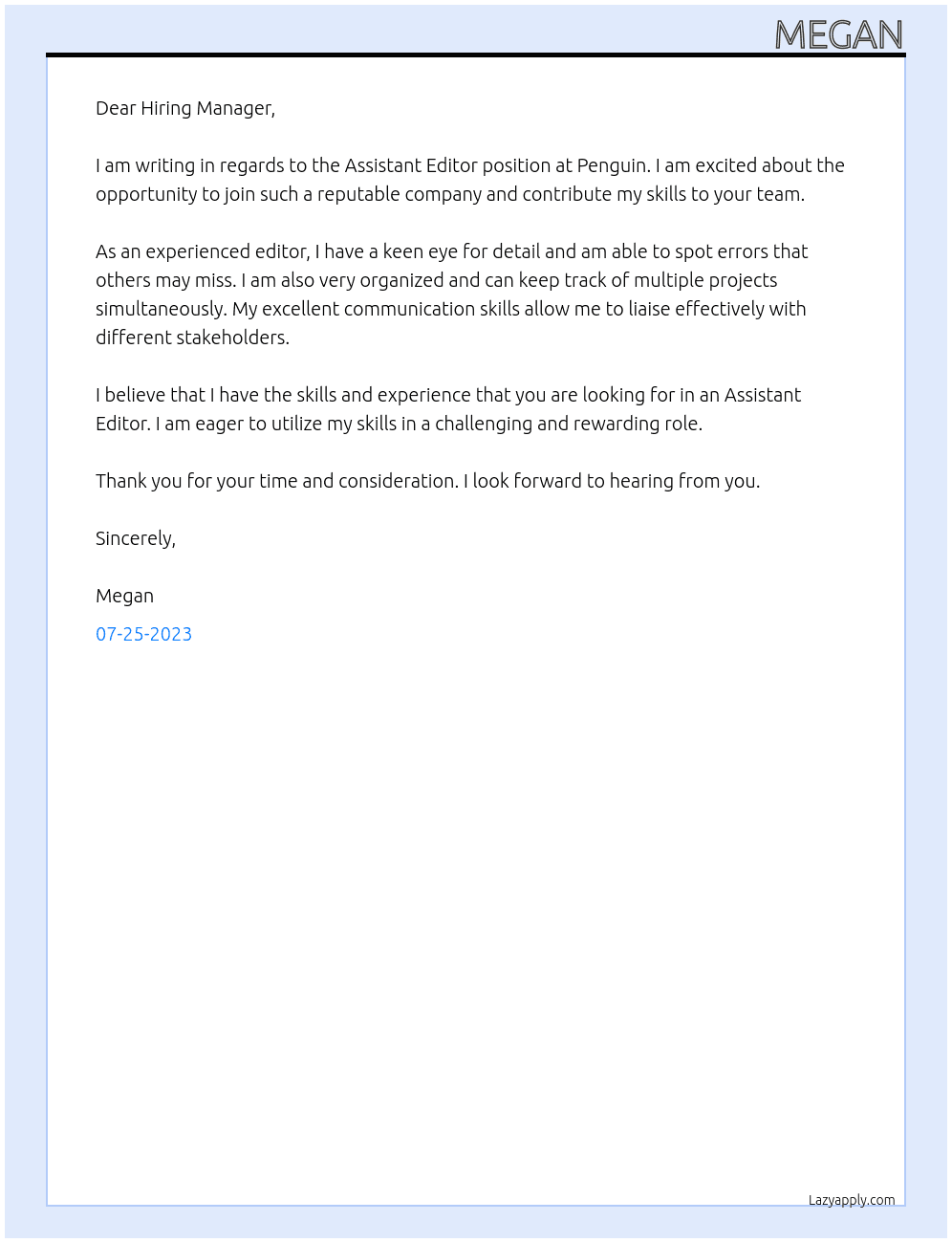 Assistant Editor At Penguin Cover Letter