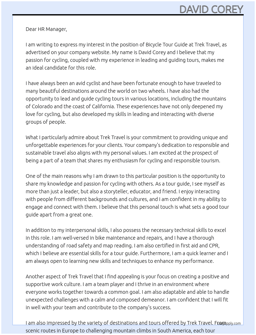 Bicycle tour guide At Trek Travel Cover Letter