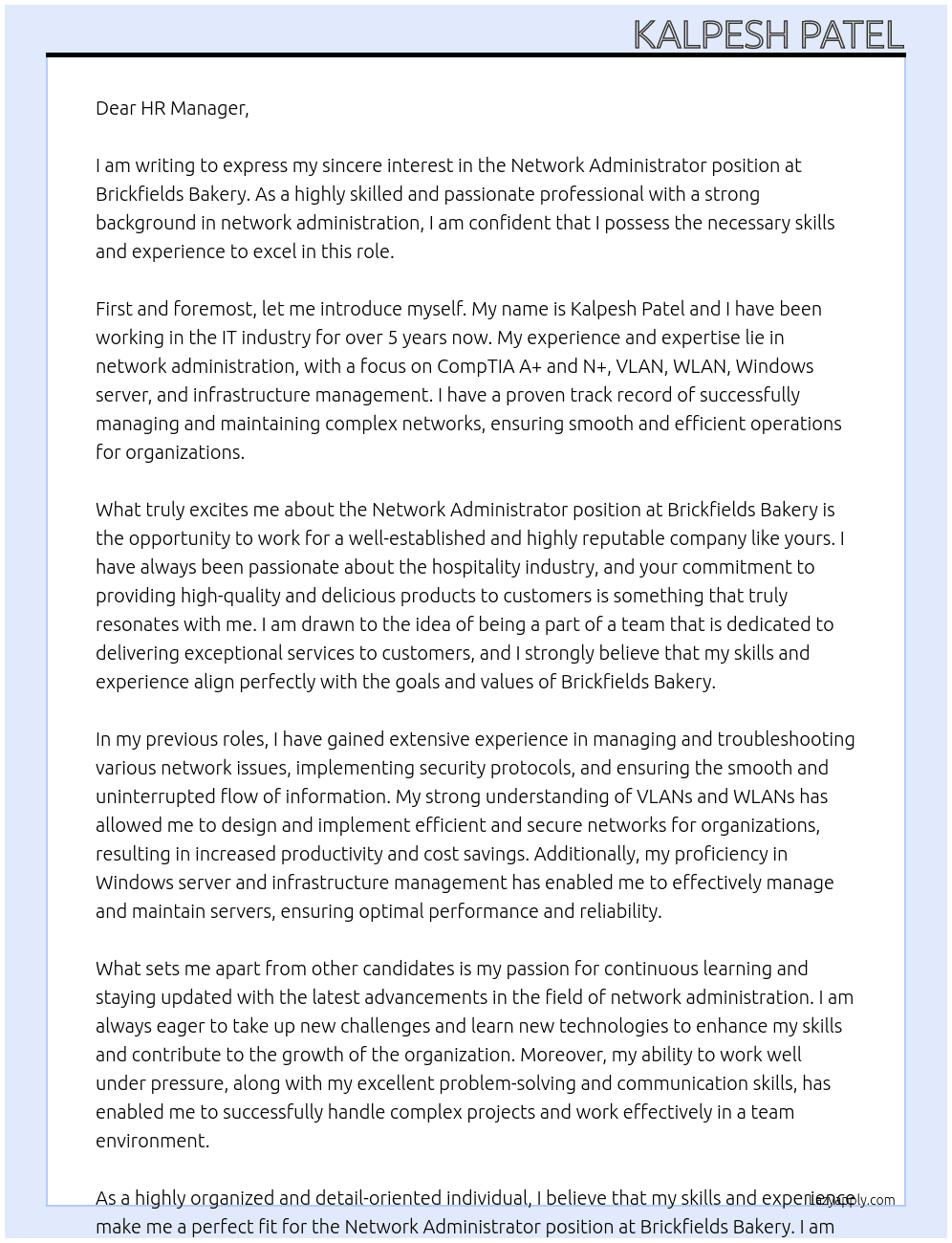 Network Administrator At Brickfields Bakery Cover Letter