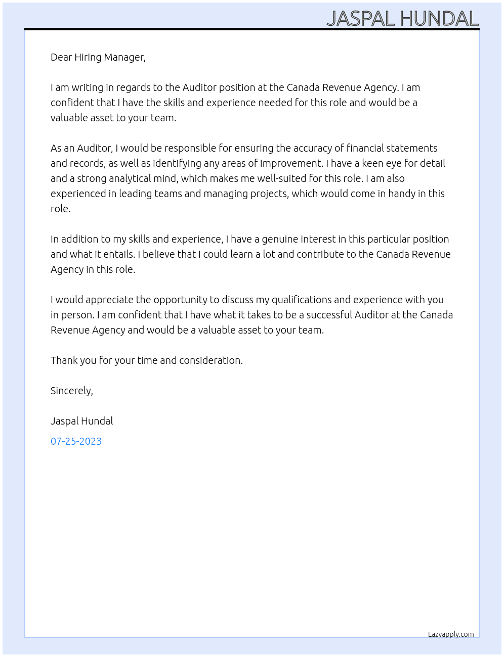 Auditor  At Canada Revenue Agency Cover Letter