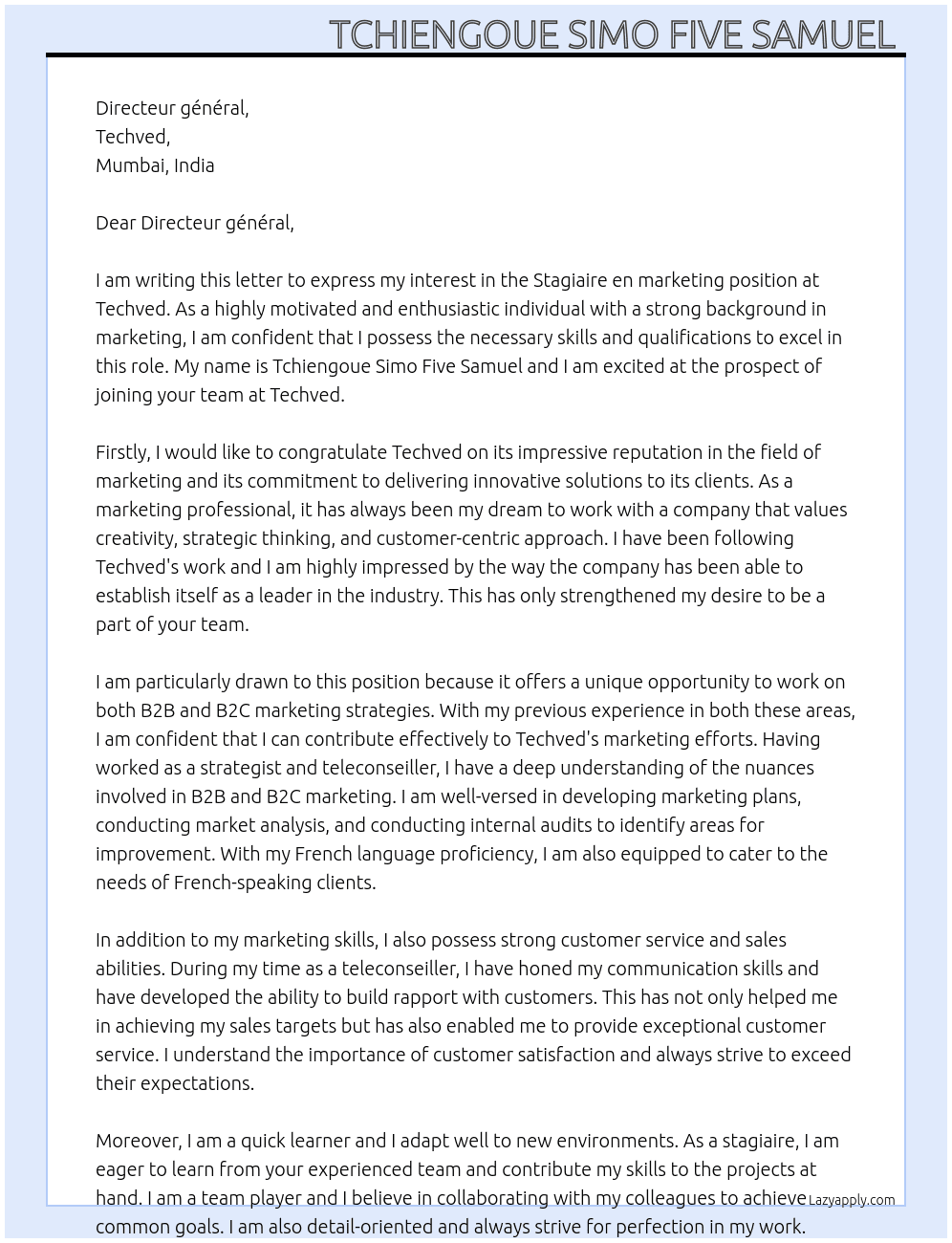 Stagiaire en marketing  At Techved  Cover Letter