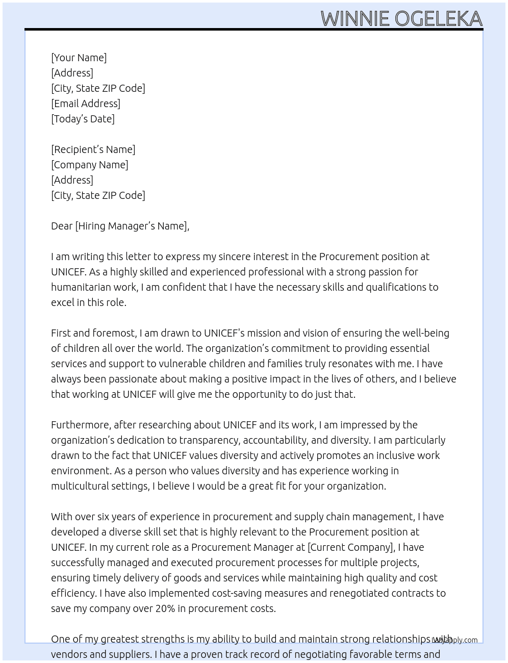 Procurement At UNICEF Cover Letter
