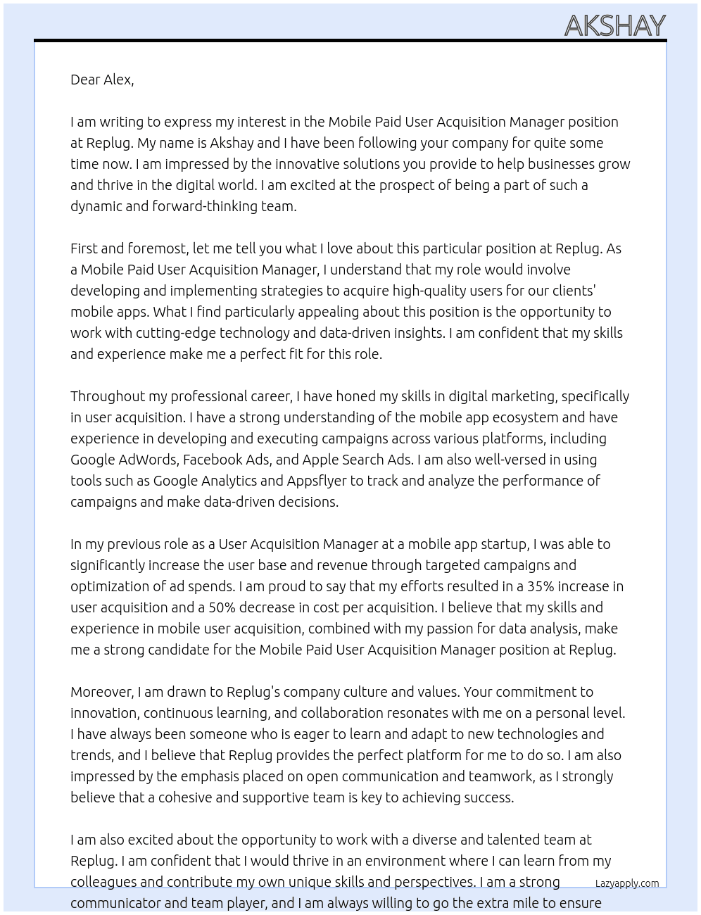 Mobile Paid User Acquisition Manager At Replug Cover Letter