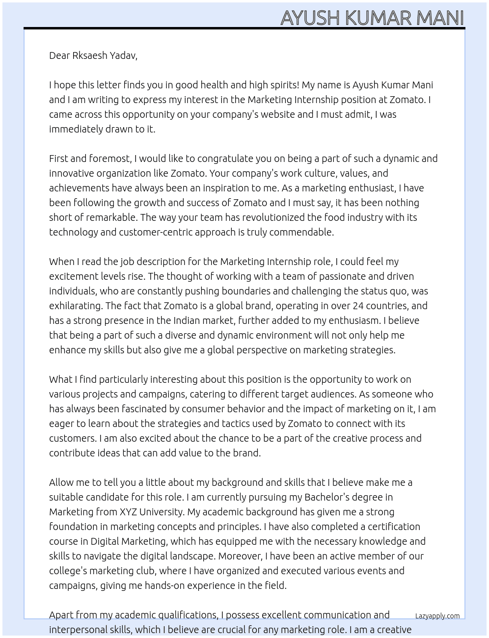 Marketing Internship At zomato Cover Letter
