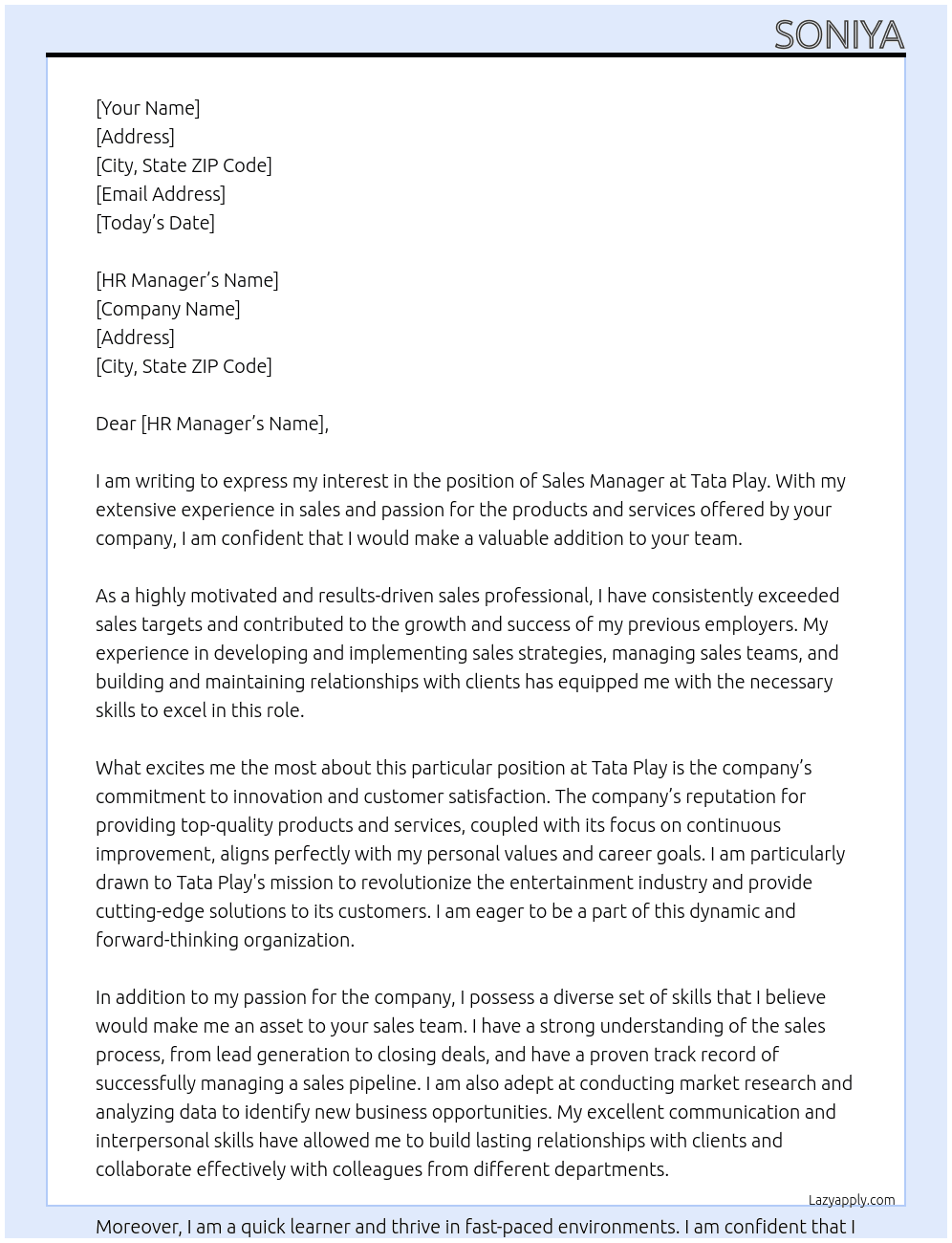 sales Manager  At tata play Cover Letter