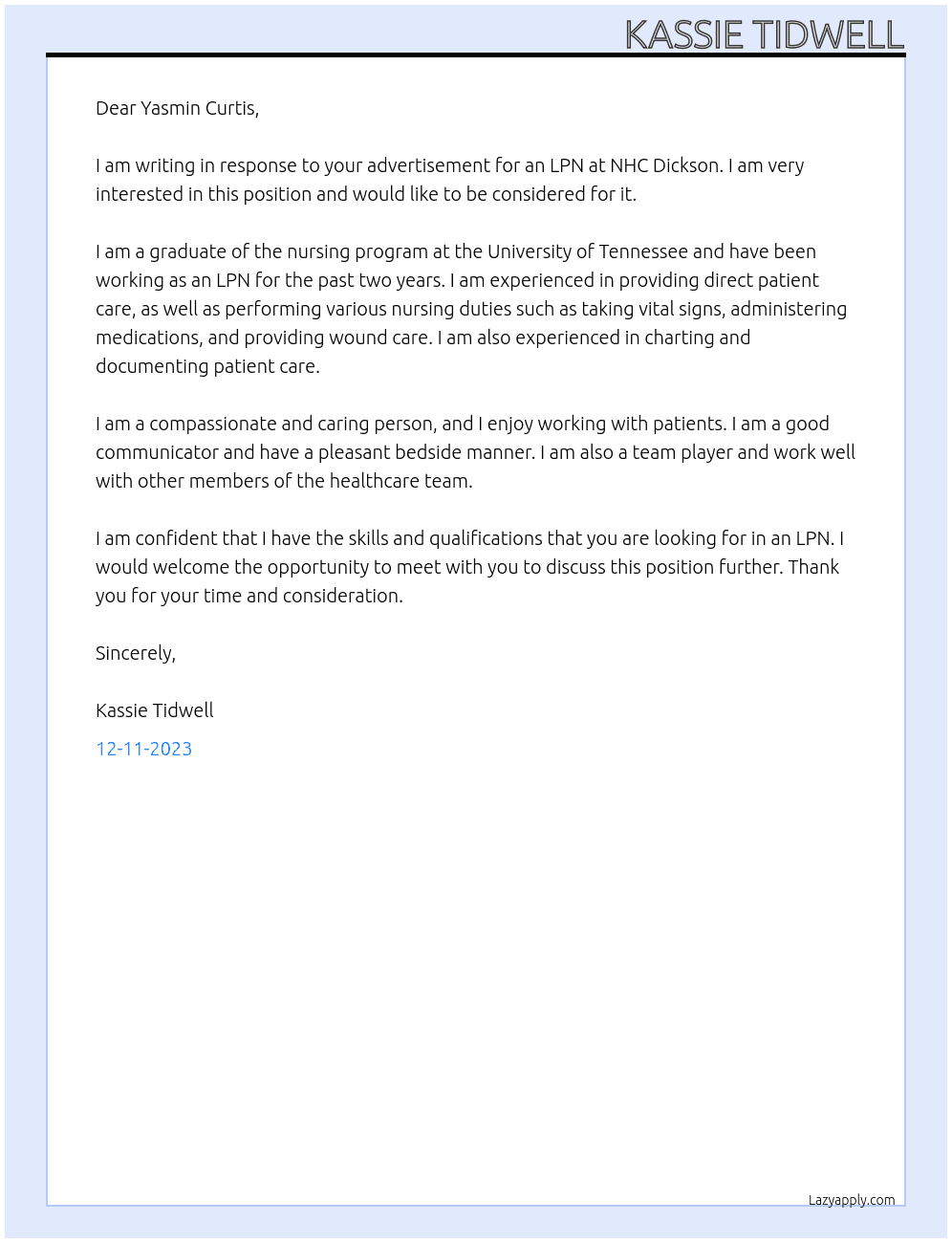 LPN At NHC Dickson Cover Letter