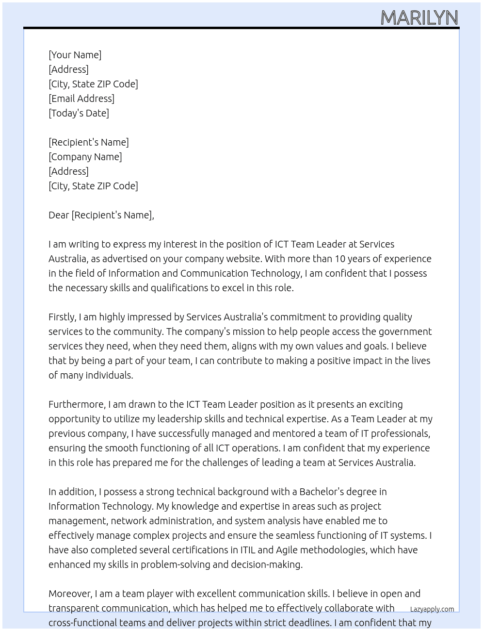 ICT Team leader At Services Australia Cover Letter