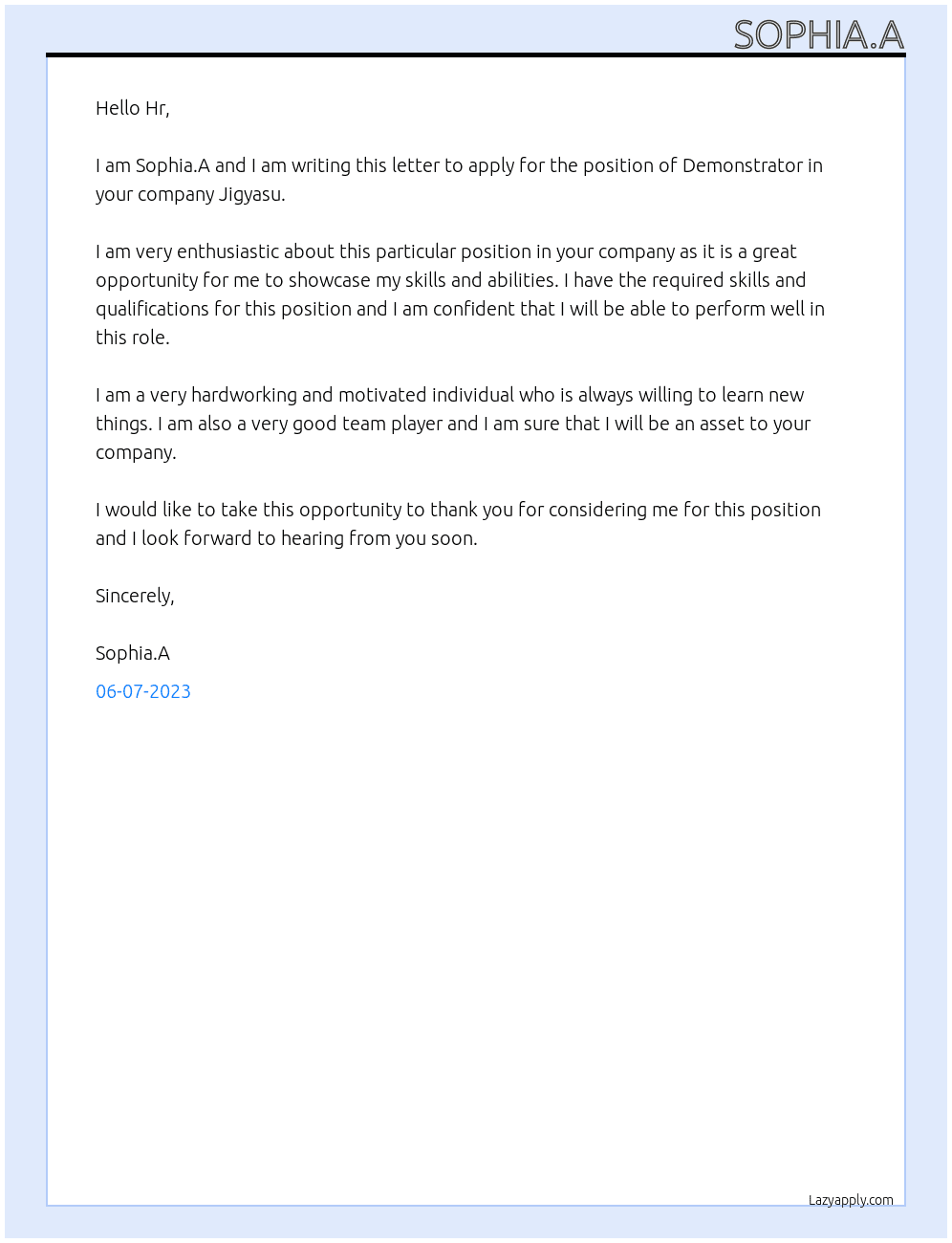 Demonstrator  At Jigyasu  Cover Letter