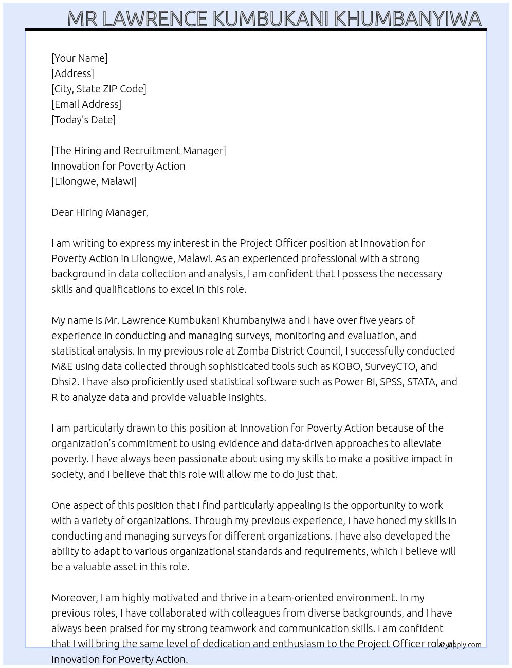 Project officer  At Innovation for Poverty Action  Cover Letter