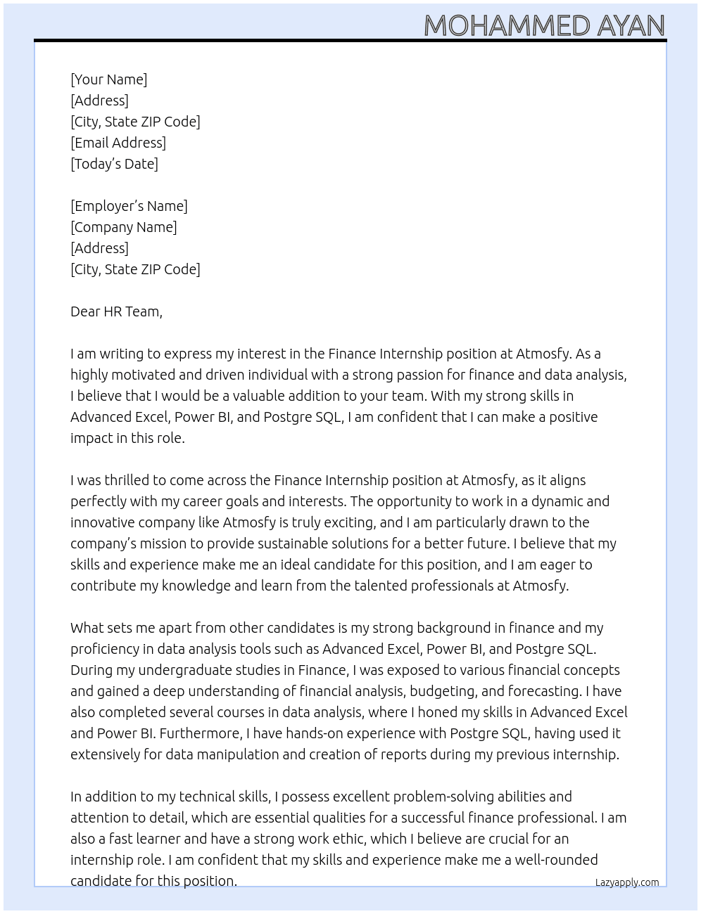 Finance internship At Atmosfy Cover Letter