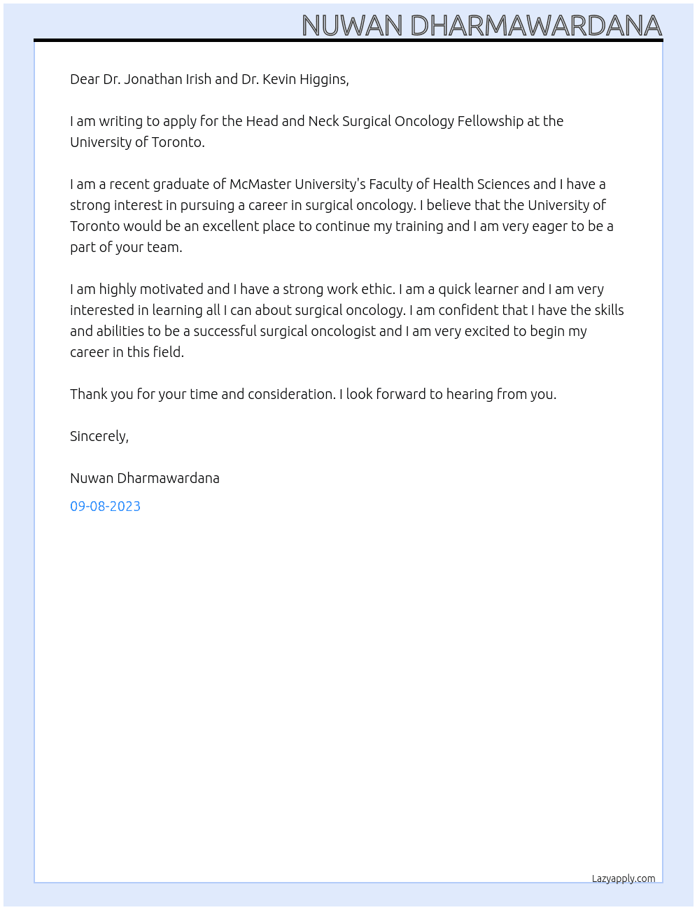 Head and Neck Surgical Oncology Fellowship At University of Toronto Cover Letter