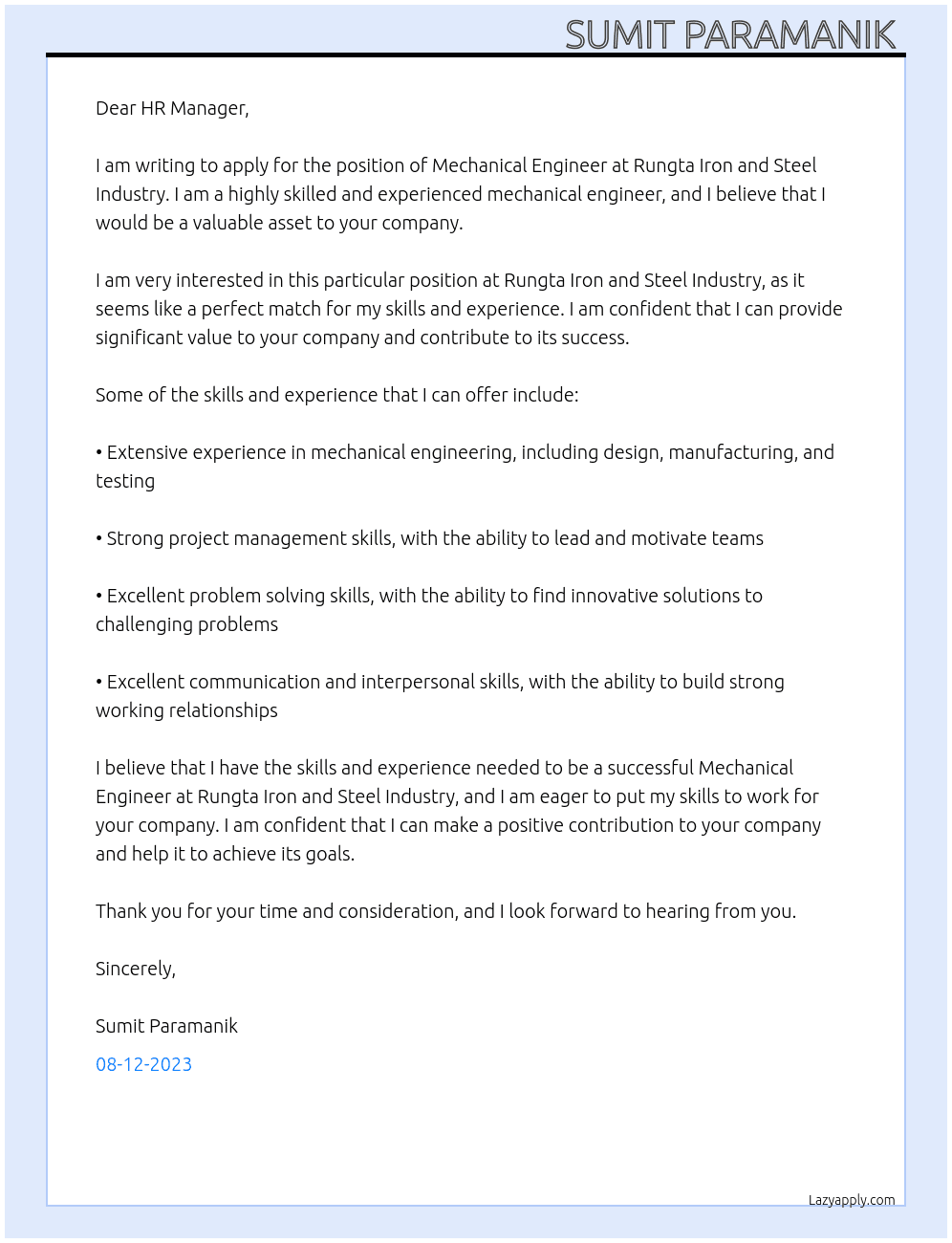 Mechanical Engineer  At Rungta Iron and Steel Industry  Cover Letter