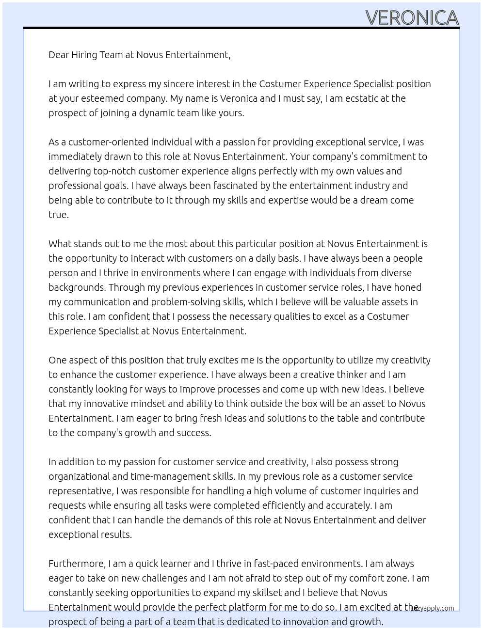 Costumer Experience Specialist At Novus Entertainment Cover Letter