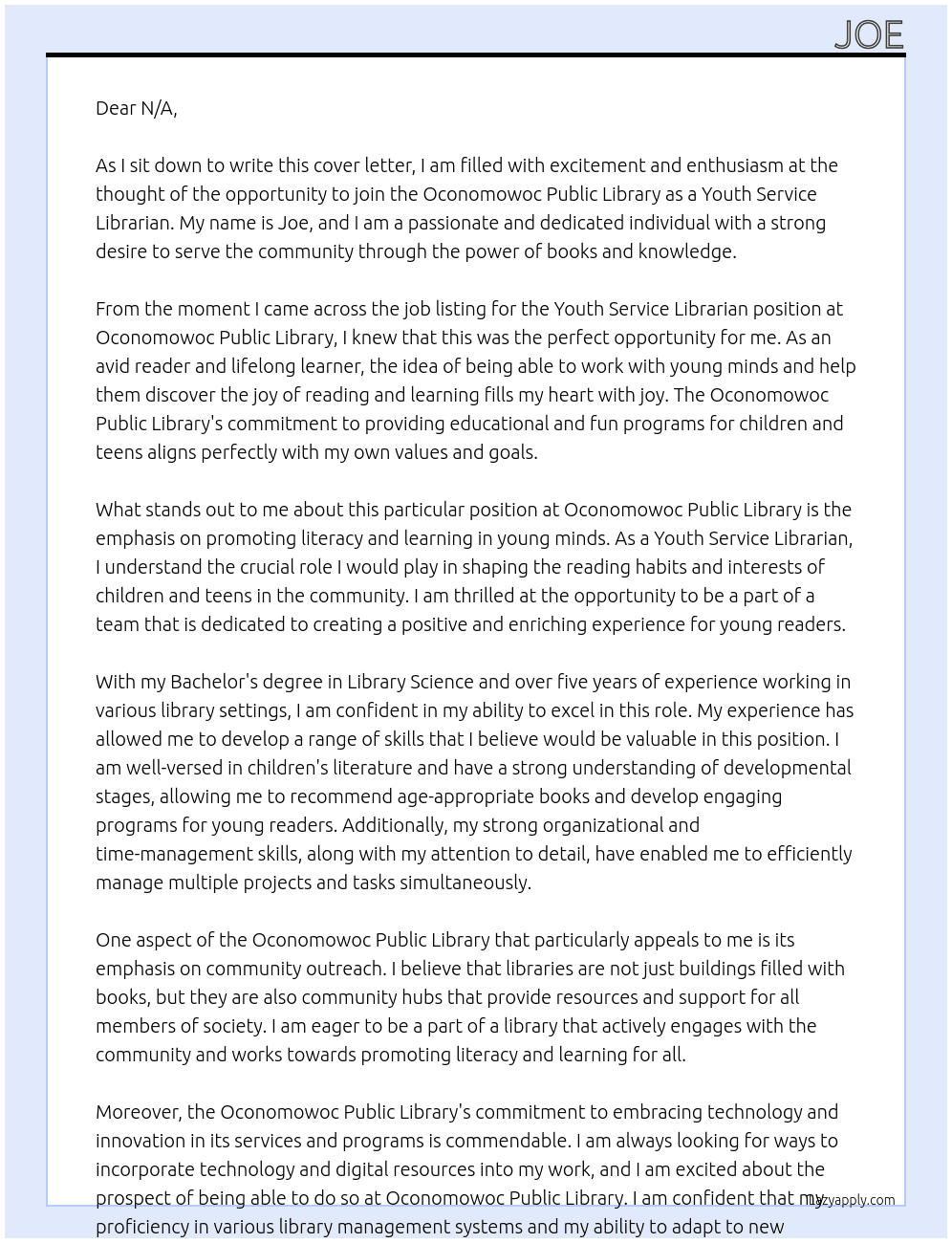 Youth service librarian At Oconomowoc Public Library Cover Letter