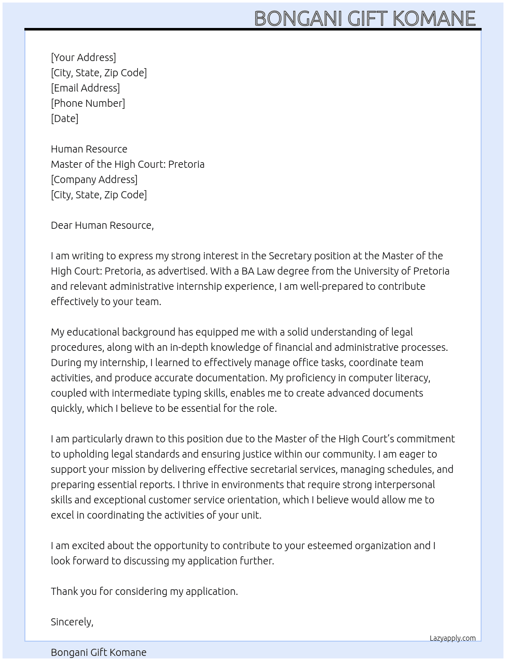 Secretary  At Master of the High court: Pretoria  Cover Letter
