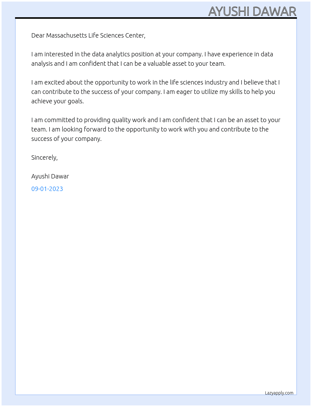 Data analytics At Massachusetts Life Sciences Center Cover Letter