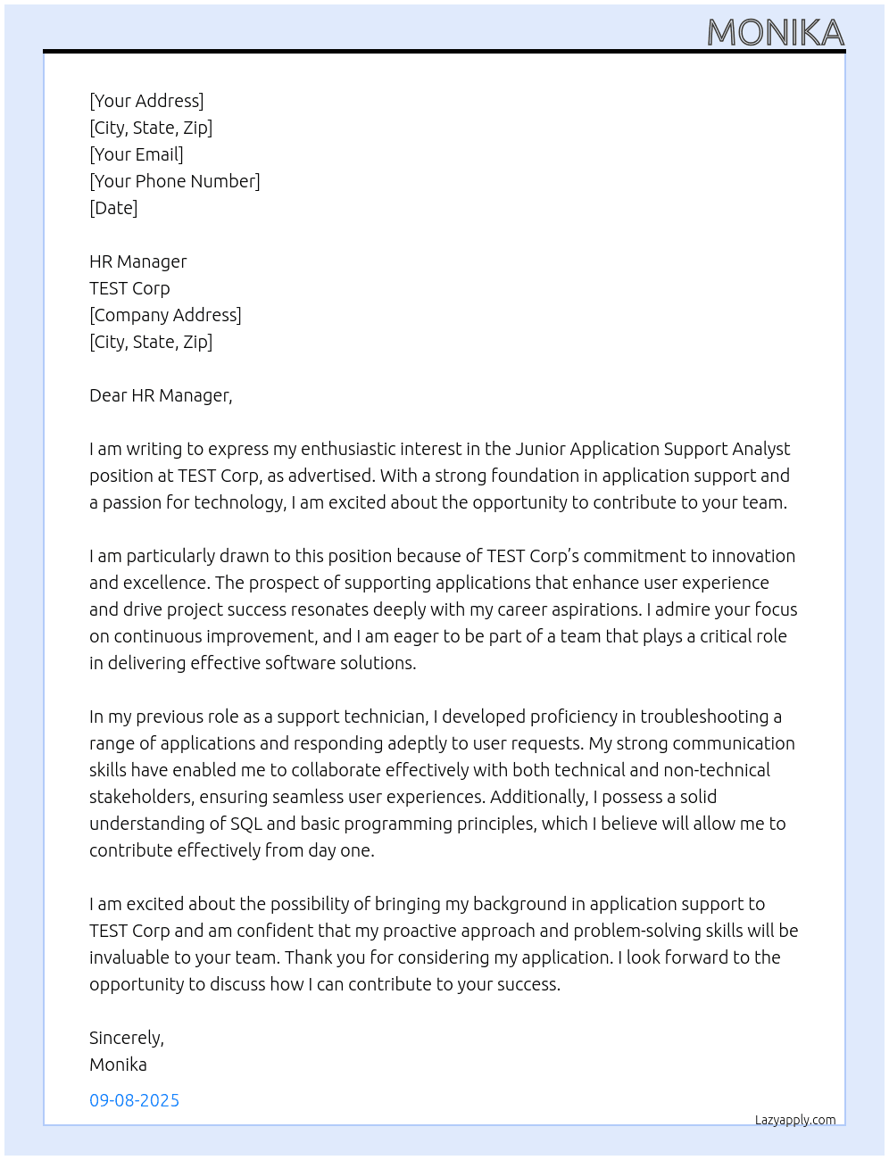 Junior Application Support Analyst At TEST Copm Cover Letter