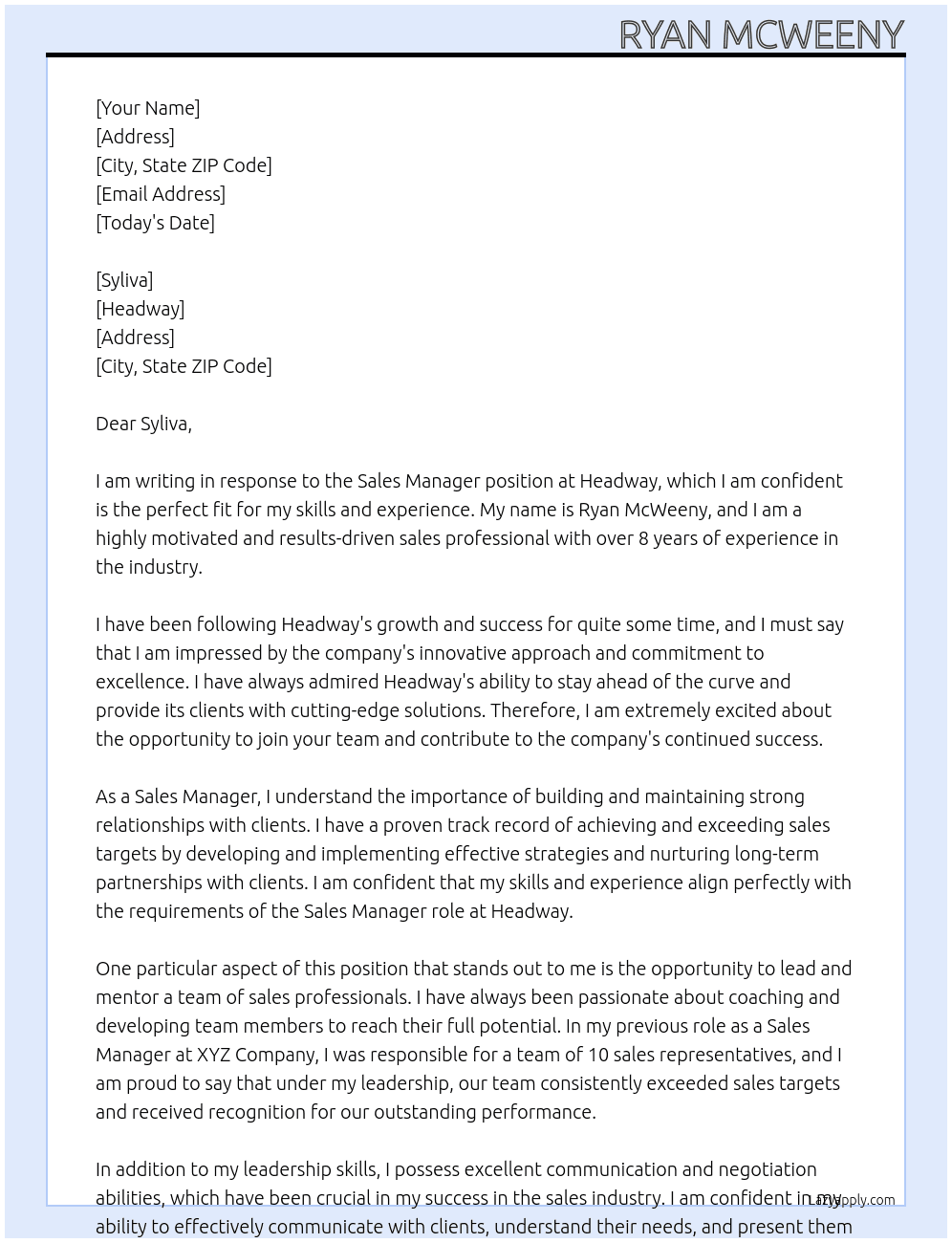 Sales Manager At Headway Cover Letter