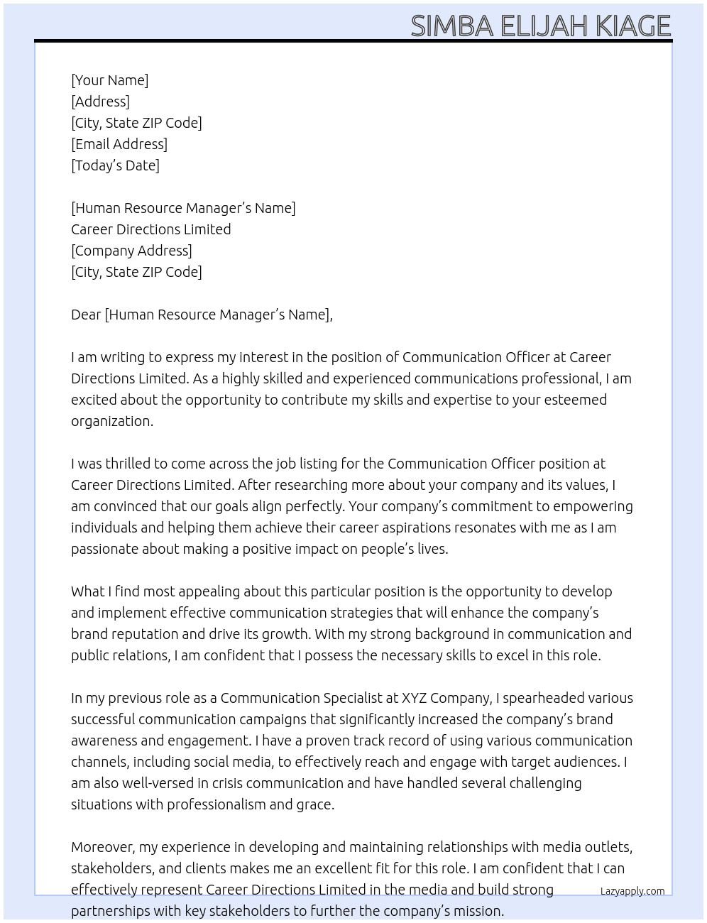 Communication Officer  At Career Directions Limited Cover Letter