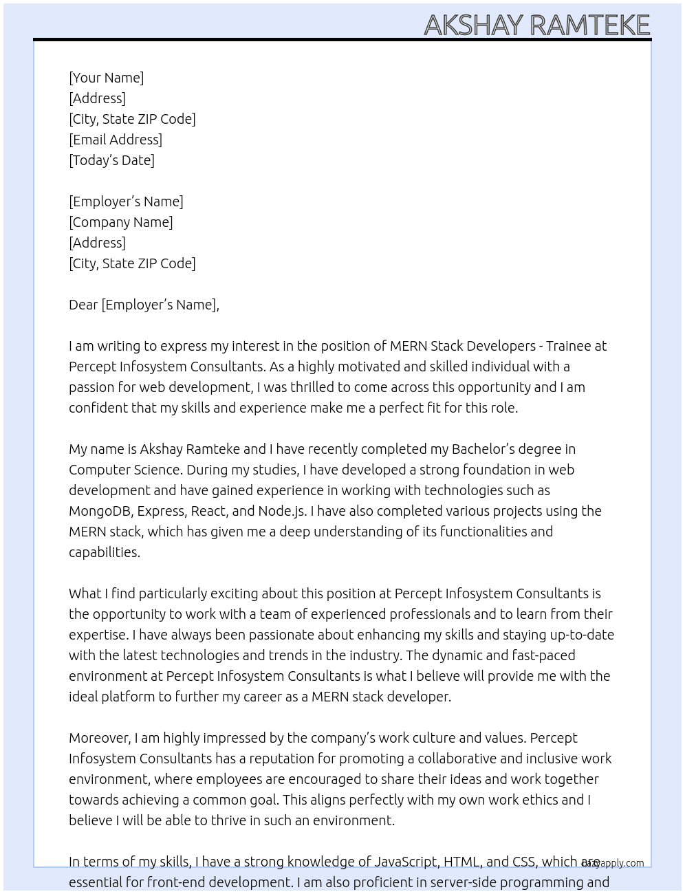 MERN Stack Developers - Trainee At Percept Infosystem Consultants Cover Letter
