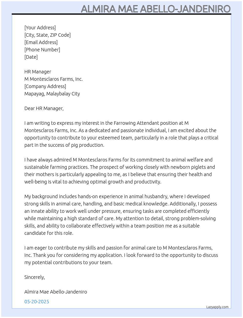 Cover letter for farrowing attendant - LazyApply