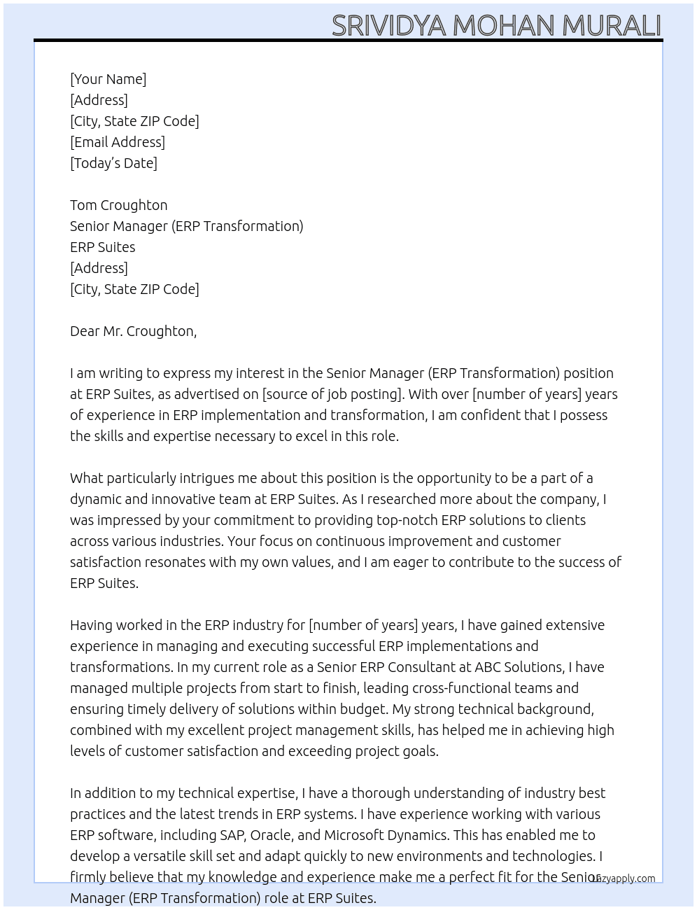 Senior Manager (ERP Transformation) At ERP Suites Cover Letter
