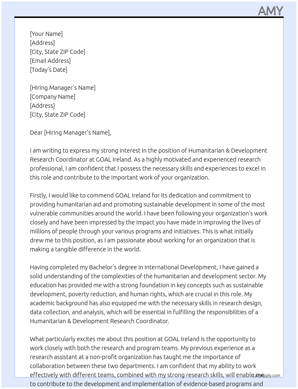 Humanitarian & Development Research Coordinator At GOAL Ireland Cover Letter