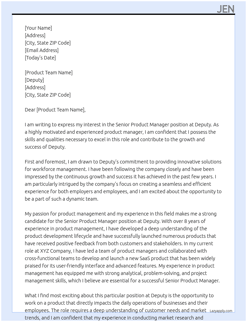Senior Product Manager At Deputy Cover Letter