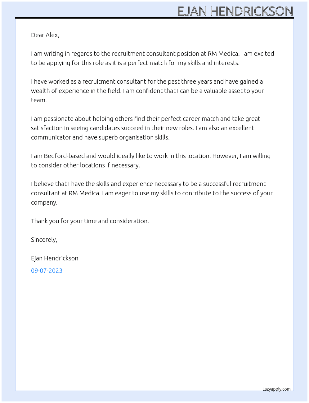 Recruitment consultant  At RM Medica Cover Letter