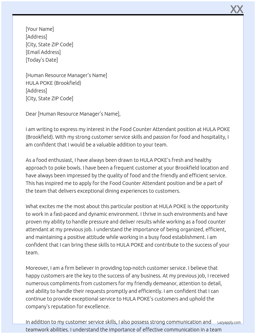 Food counter attendant At HULA POKE (Brookfield).  Cover Letter