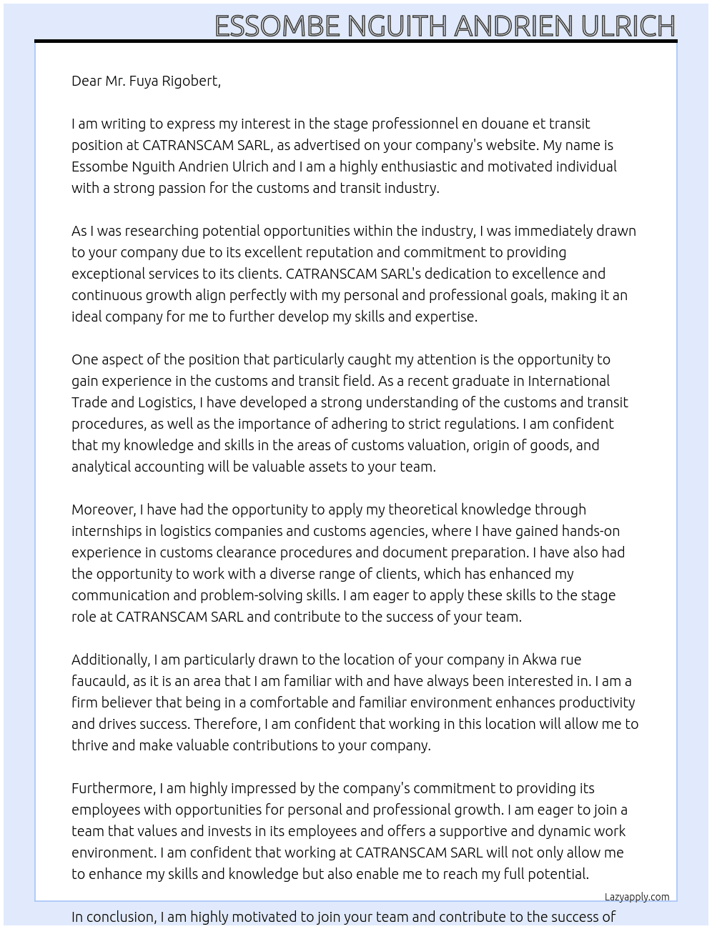 stage professionnel en douane et transit At CATRANSCAM SARL Cover Letter