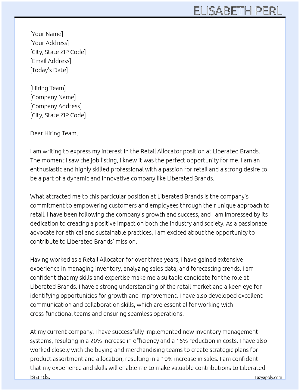 Retail Allocator At Liberated Brands Cover Letter