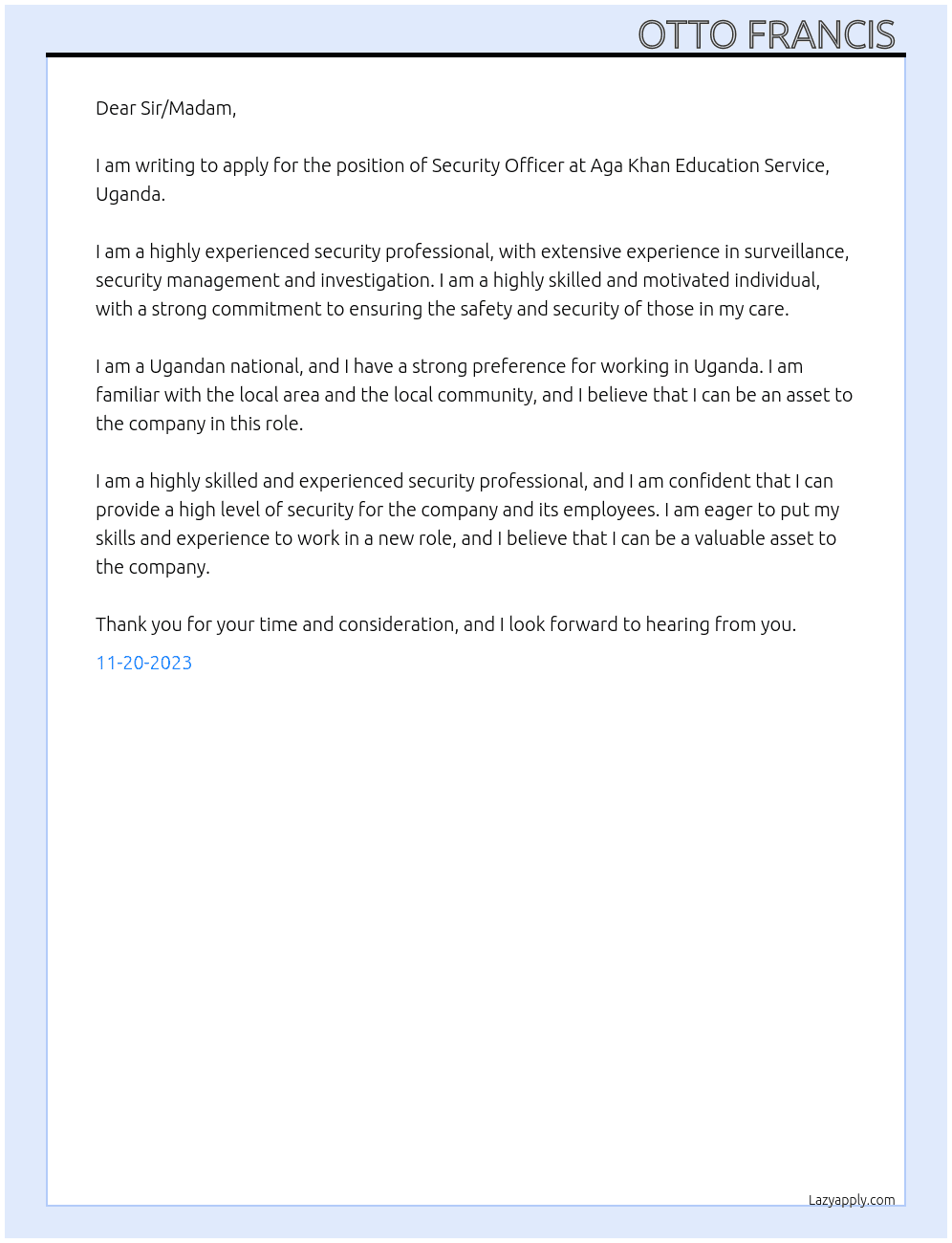 Security officer  At Aga Khan Education Service, Uganda  Cover Letter