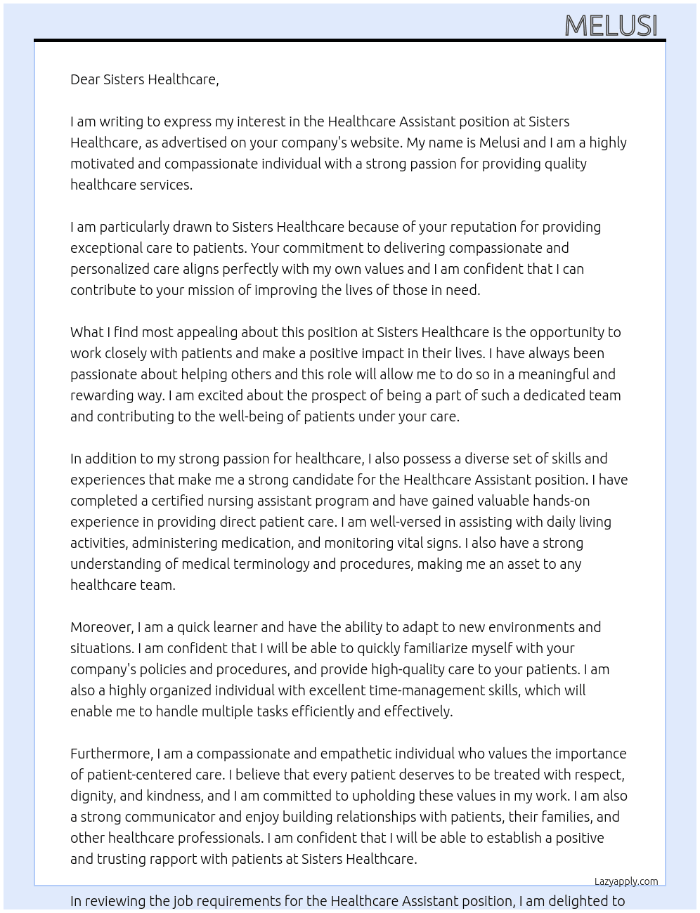 Healthcare Assistant At Sisters Healthcare Cover Letter