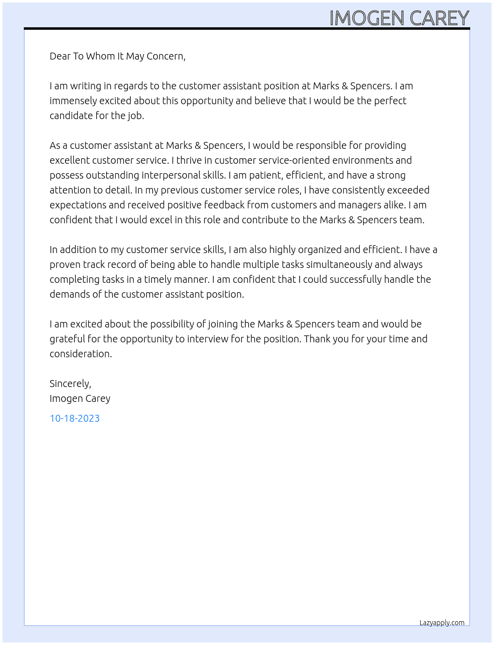 Customer assistant At Marks & Spencers Cover Letter