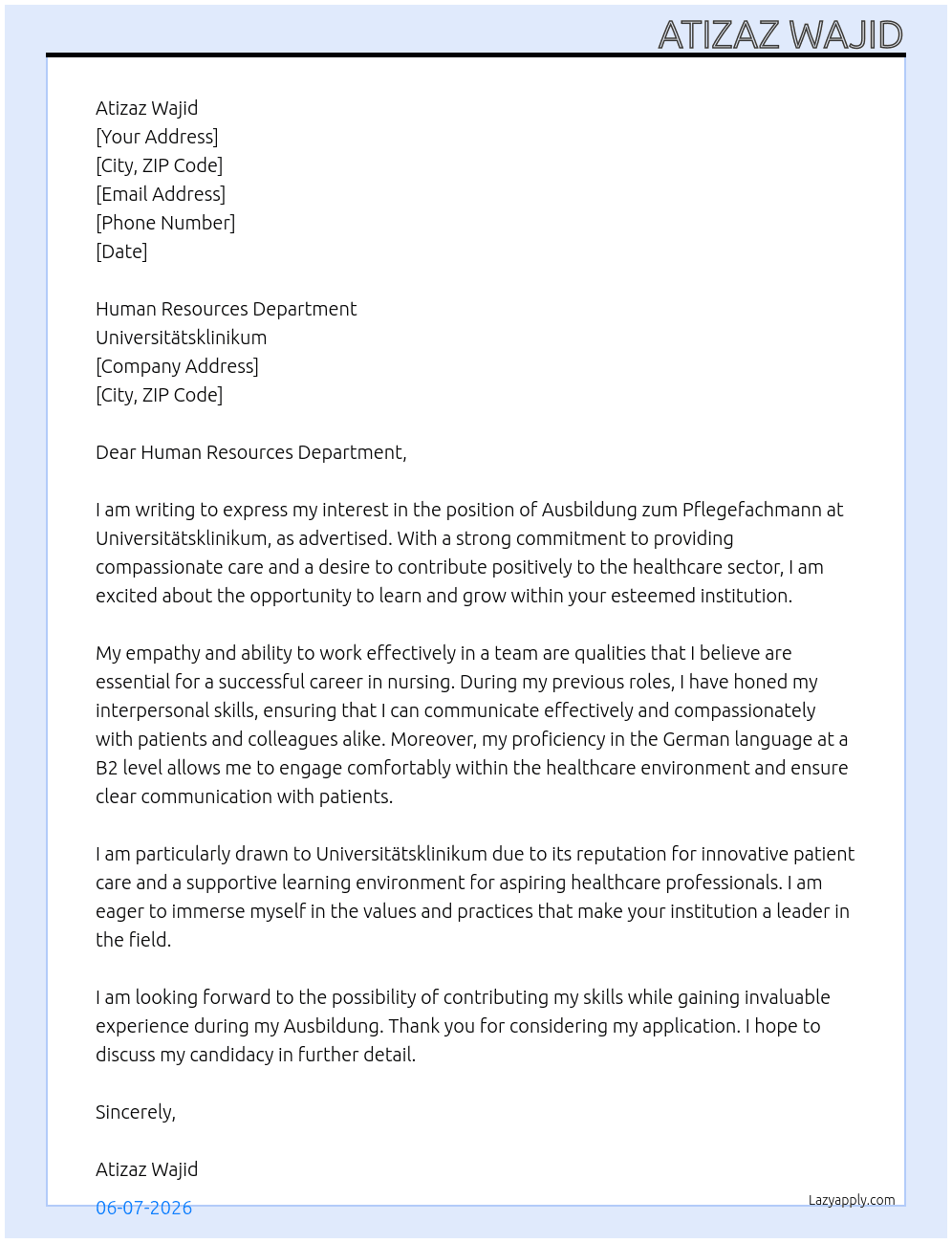Ausbildung zum Pflegefachmenn At Universitatsklinikum Cover Letter